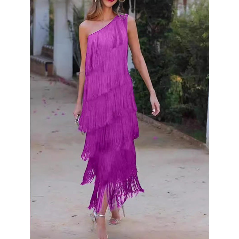 Women's Solid Color Diagonal Collar Multi-layer Tassel Stitching Design Dress