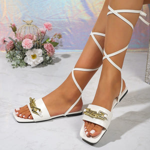 Fashion Lace-up Chain Sandals For Women Large Size Square-toed Flat Shoes Summer