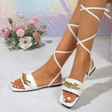 Fashion Lace-up Chain Sandals For Women Large Size Square-toed Flat Shoes Summer