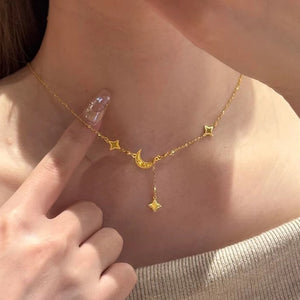 Gold Ice Crushing Star Moon Necklace Pendant Clavicle Chain
