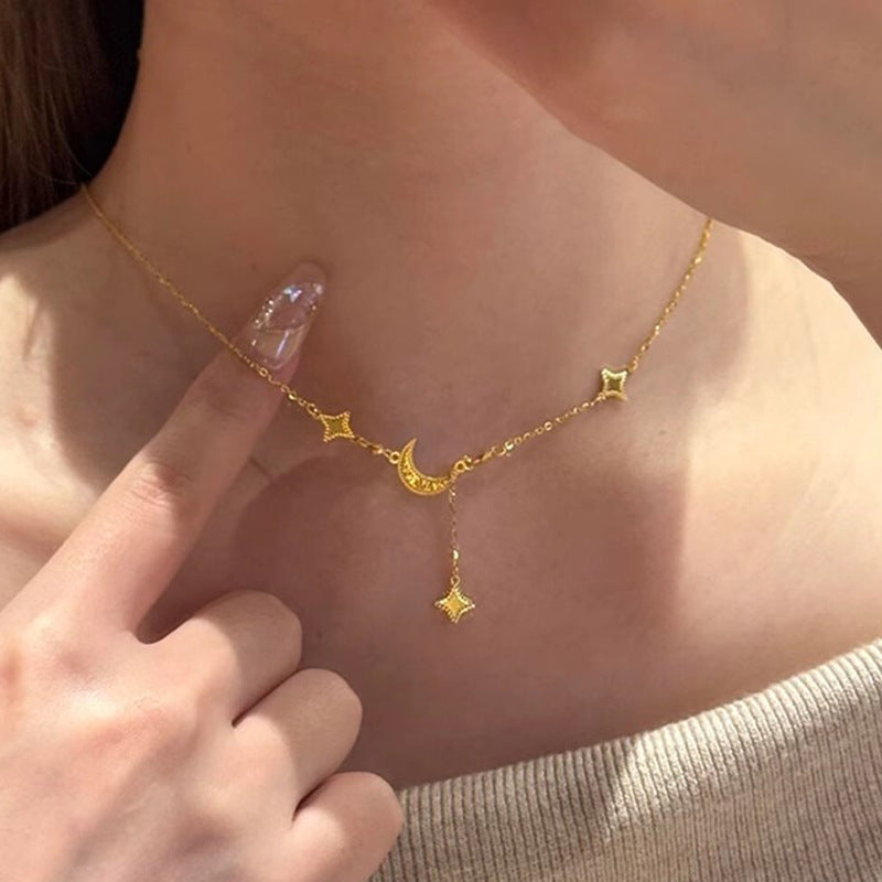 Gold Ice Crushing Star Moon Necklace Pendant Clavicle Chain