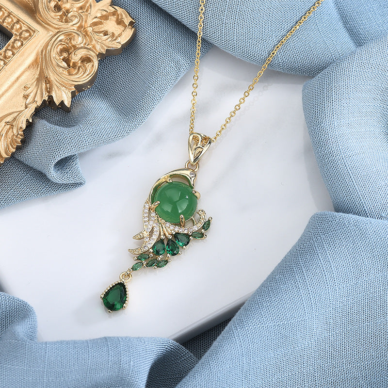 Copper Plating 18K Gold Inlaid Green Chalcedony Red Agate Necklace
