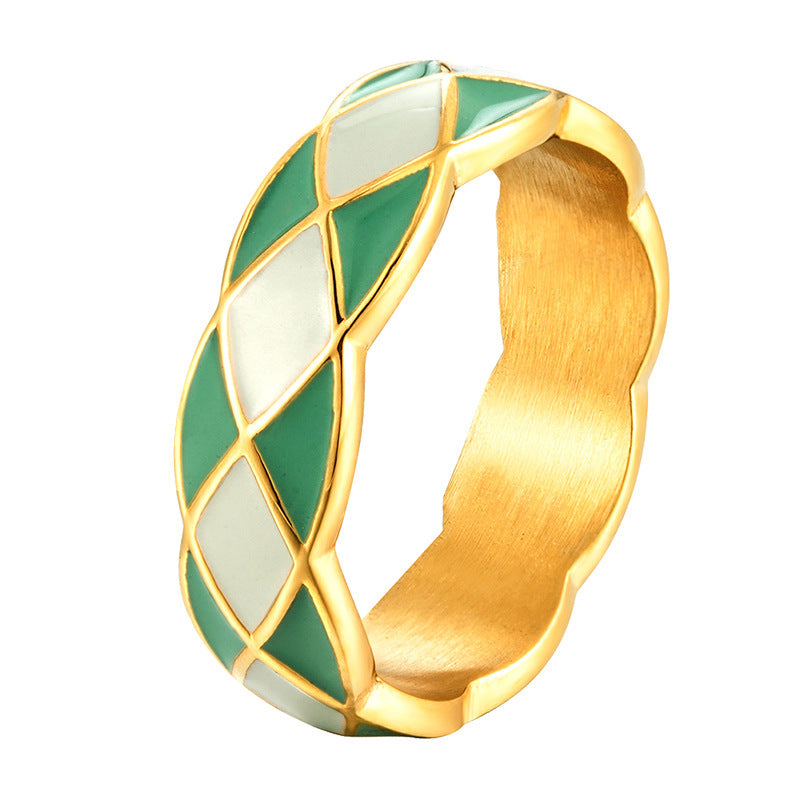 Diamond Plaid Titanium Steel 14K Gold Advanced Ring Female