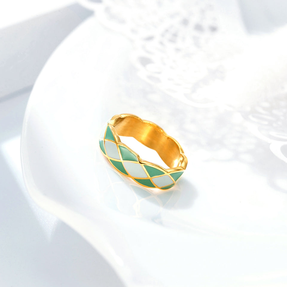 Diamond Plaid Titanium Steel 14K Gold Advanced Ring Female