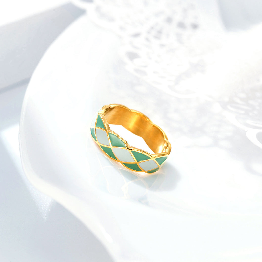 Diamond Plaid Titanium Steel 14K Gold Advanced Ring Female