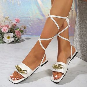 Fashion Lace-up Chain Sandals For Women Large Size Square-toed Flat Shoes Summer