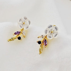 Stud Earrings 925 Silver Plated 18K Gold Crystal White Flower