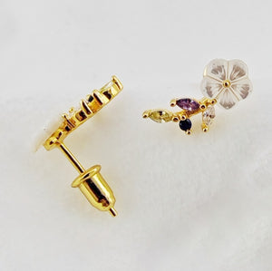 Stud Earrings 925 Silver Plated 18K Gold Crystal White Flower