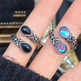 Bohemian Retro Black Agate Spoon Moonstone Ring Female
