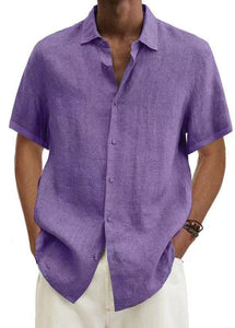 V-neck Button Cotton And Linen Solid Color Men's Trendy Shirt