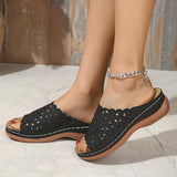 Plus Size Simple Casual Flower Cutout PU Mid Heel Women's Slippers