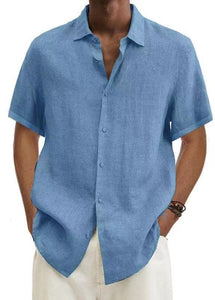 V-neck Button Cotton And Linen Solid Color Men's Trendy Shirt