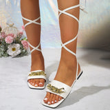 Fashion Lace-up Chain Sandals For Women Large Size Square-toed Flat Shoes Summer