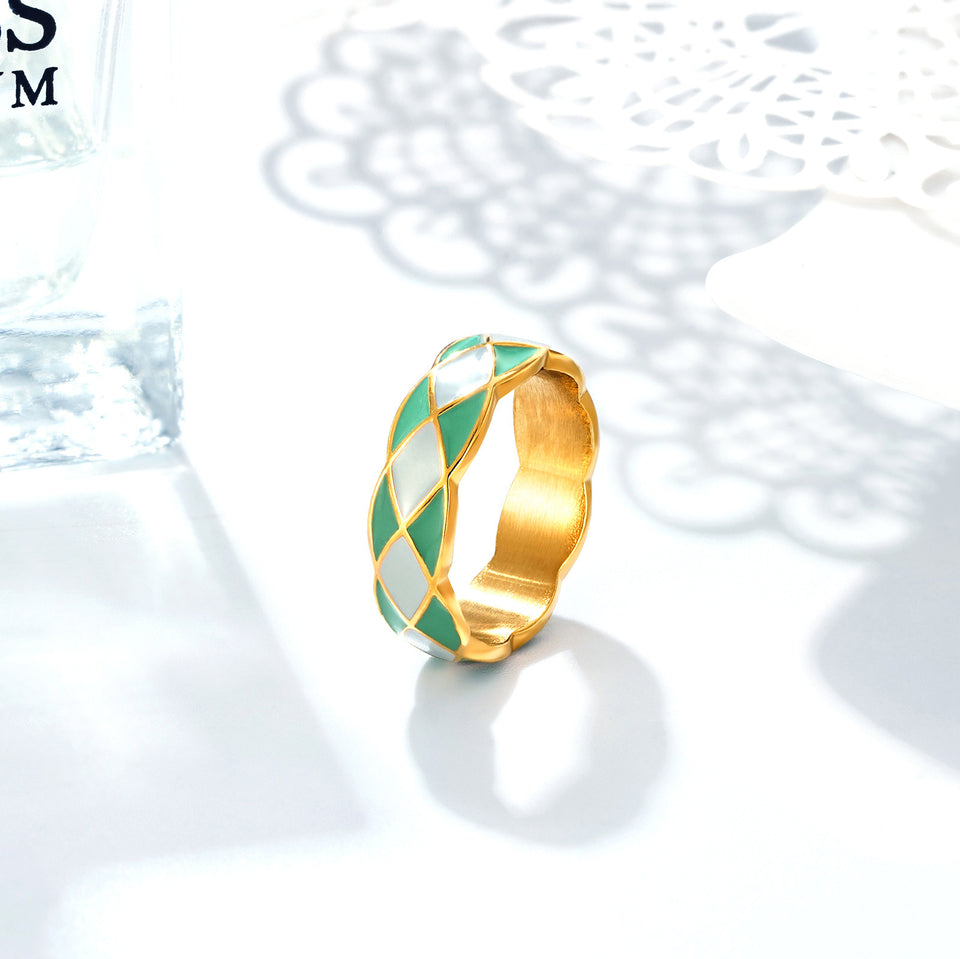 Diamond Plaid Titanium Steel 14K Gold Advanced Ring Female
