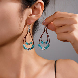 Vintage Ethnic Style Antique Silver Flower Turquoise Leather Rope Pendant Women's Earrings