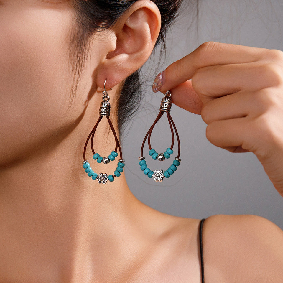 Vintage Ethnic Style Antique Silver Flower Turquoise Leather Rope Pendant Women's Earrings