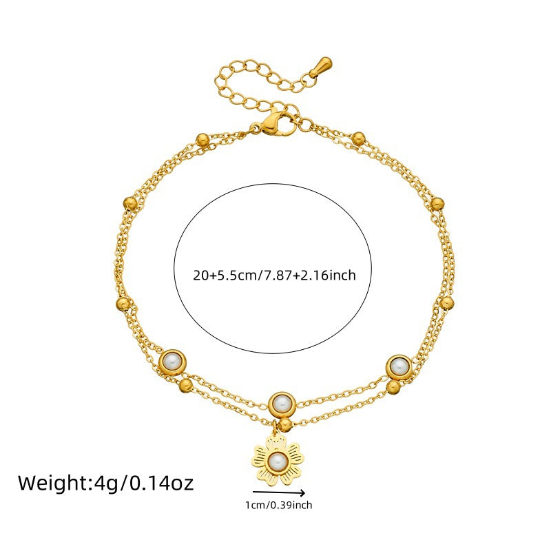 Vintage Inlaid Pearl Flower Pendant Double Layer Chain Anklet