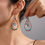 Vintage Ethnic Style Antique Silver Flower Turquoise Leather Rope Pendant Women's Earrings