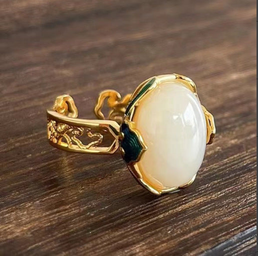 Silver S925 Gilding Hetian Jade Inlaid High-grade Chinese Style Open Ring