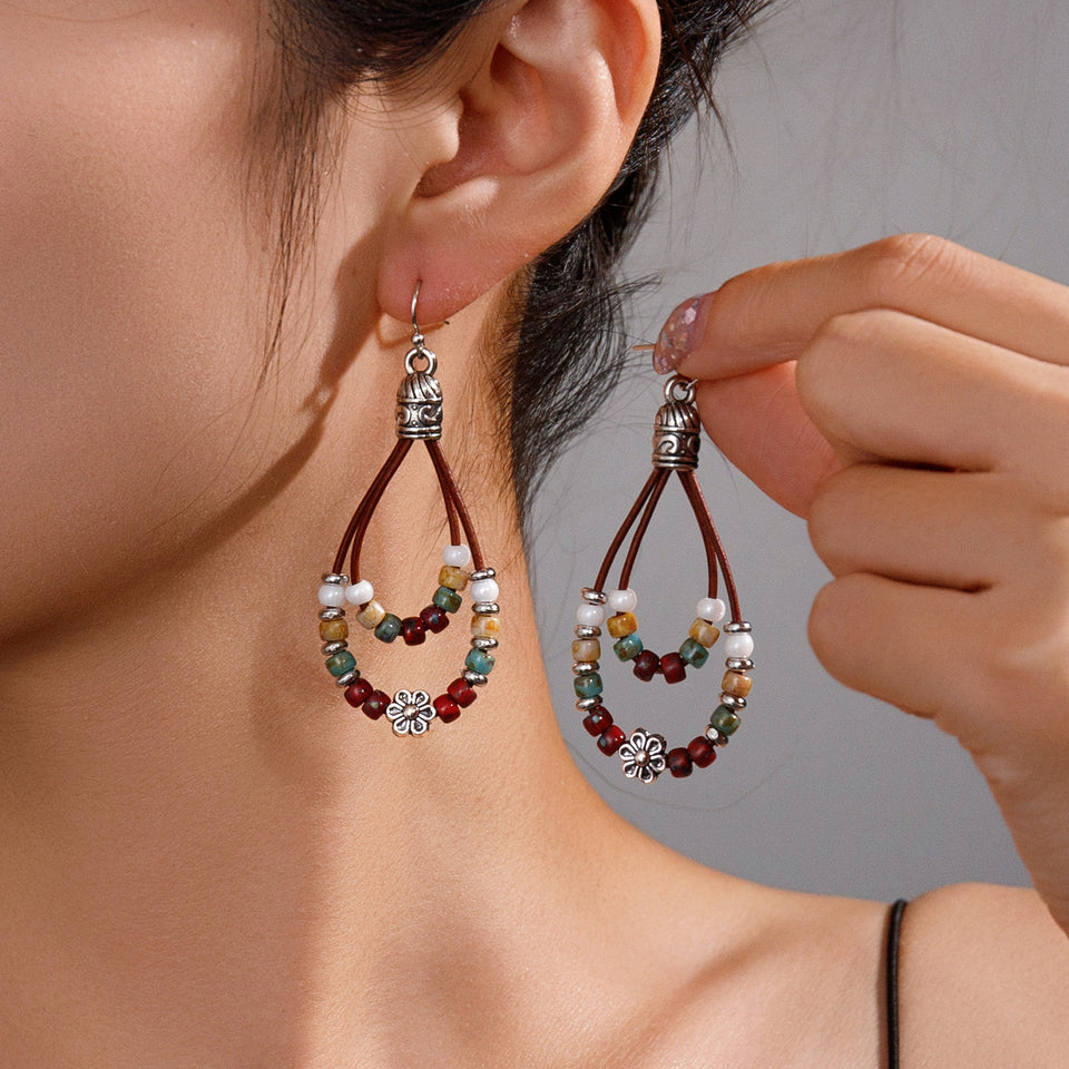 Vintage Ethnic Style Antique Silver Flower Turquoise Leather Rope Pendant Women's Earrings
