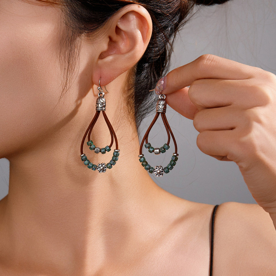Vintage Ethnic Style Antique Silver Flower Turquoise Leather Rope Pendant Women's Earrings