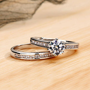 White Gold Plated Six-claw Couple Engagement Combined Ring Set