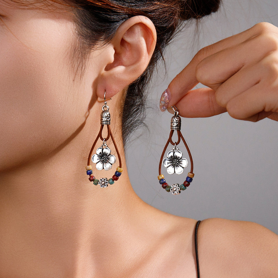 Vintage Ethnic Style Antique Silver Flower Turquoise Leather Rope Pendant Women's Earrings