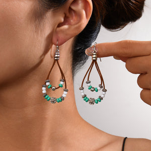 Vintage Ethnic Style Antique Silver Flower Turquoise Leather Rope Pendant Women's Earrings