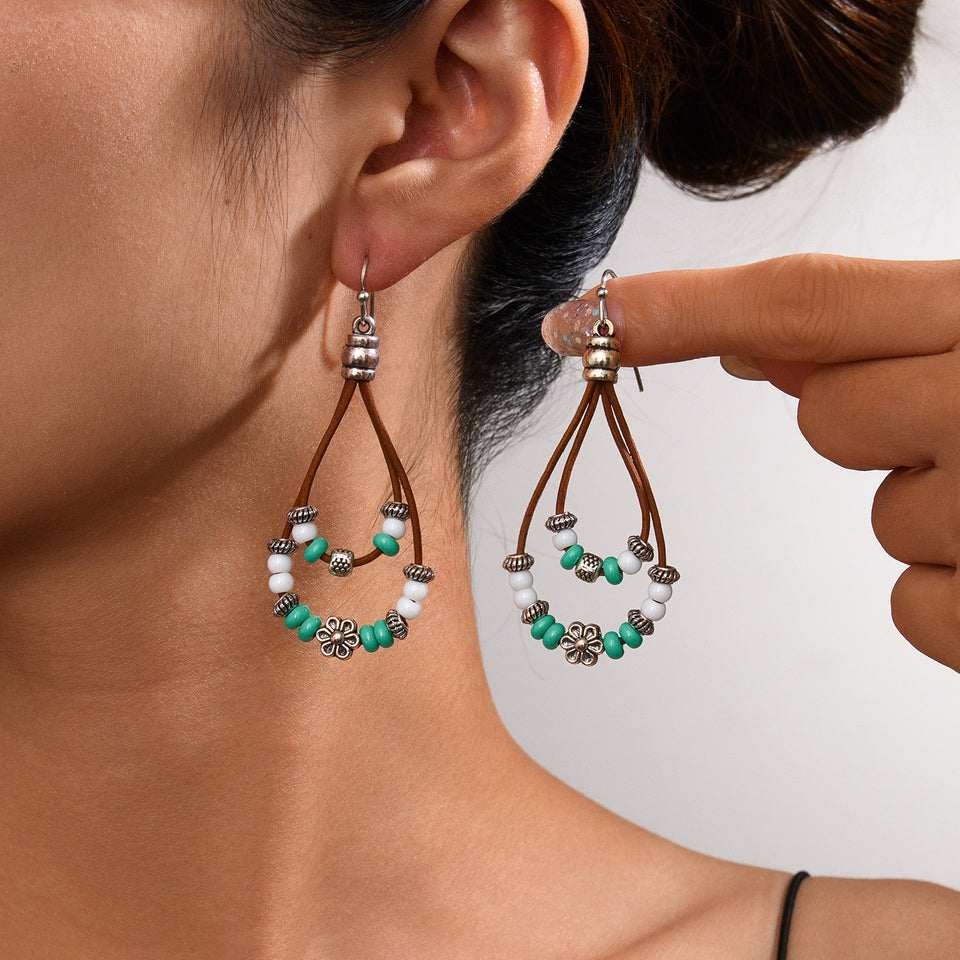 Vintage Ethnic Style Antique Silver Flower Turquoise Leather Rope Pendant Women's Earrings