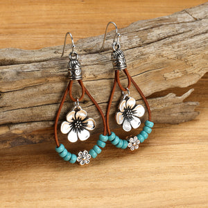 Vintage Ethnic Style Antique Silver Flower Turquoise Leather Rope Pendant Women's Earrings