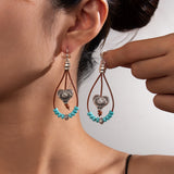 Vintage Ethnic Style Antique Silver Flower Turquoise Leather Rope Pendant Women's Earrings