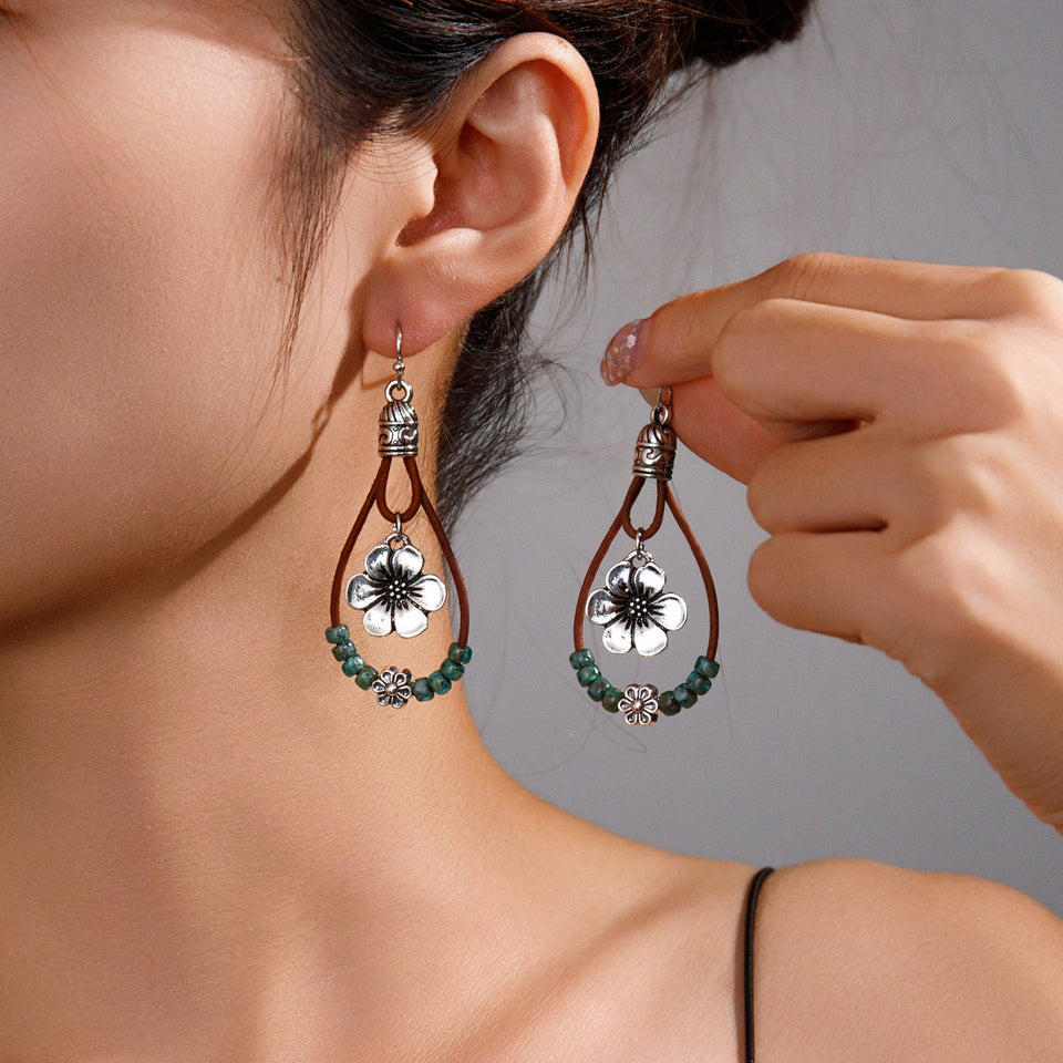 Vintage Ethnic Style Antique Silver Flower Turquoise Leather Rope Pendant Women's Earrings