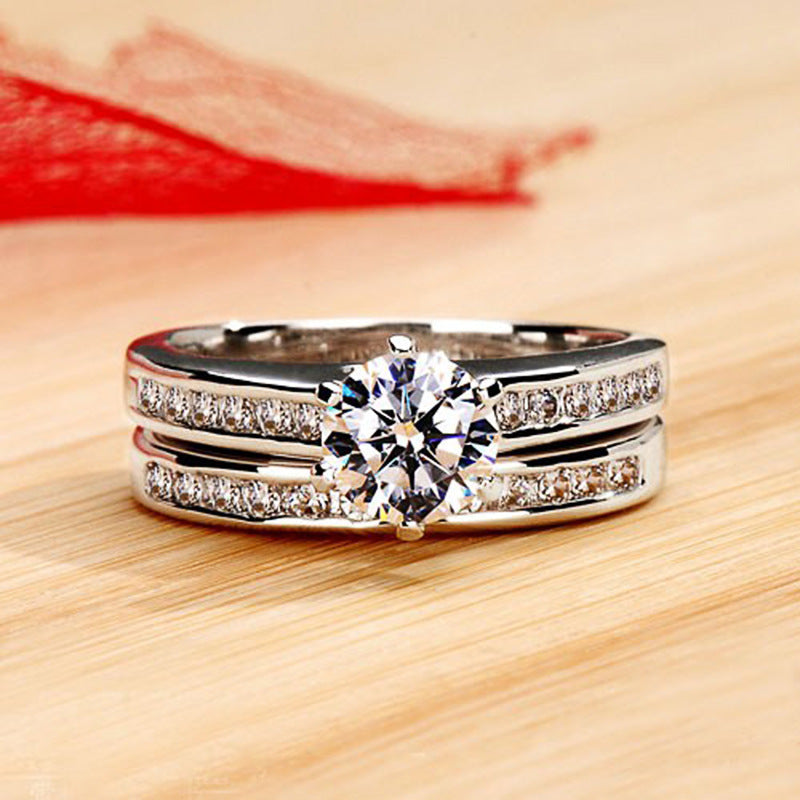 White Gold Plated Six-claw Couple Engagement Combined Ring Set