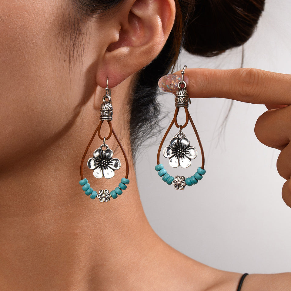 Vintage Ethnic Style Antique Silver Flower Turquoise Leather Rope Pendant Women's Earrings
