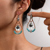 Vintage Ethnic Style Antique Silver Flower Turquoise Leather Rope Pendant Women's Earrings