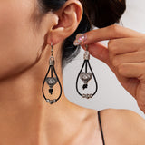Vintage Ethnic Style Antique Silver Flower Turquoise Leather Rope Pendant Women's Earrings