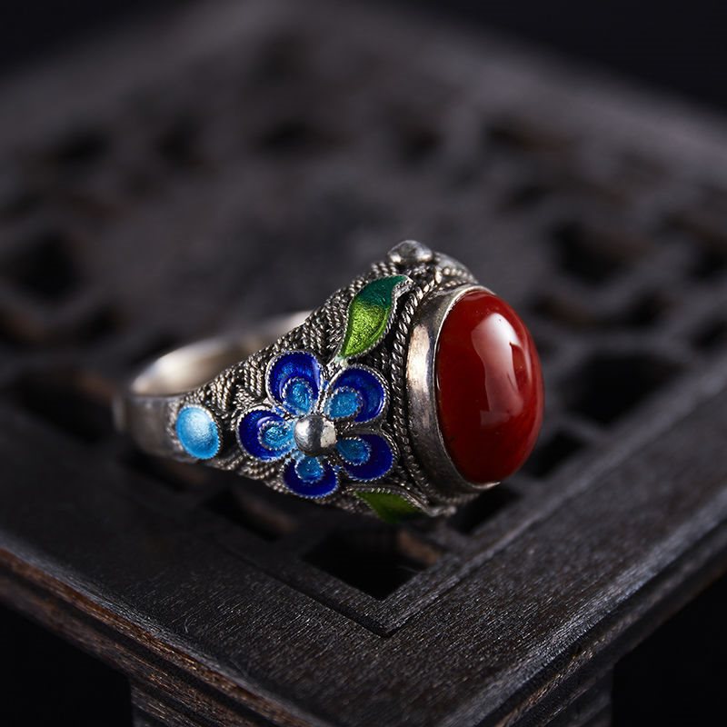 Agate Burnt Blue Pattern Cloisonne Ring For Women