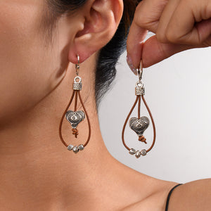 Vintage Ethnic Style Antique Silver Flower Turquoise Leather Rope Pendant Women's Earrings
