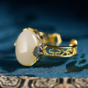 Silver S925 Gilding Hetian Jade Inlaid High-grade Chinese Style Open Ring
