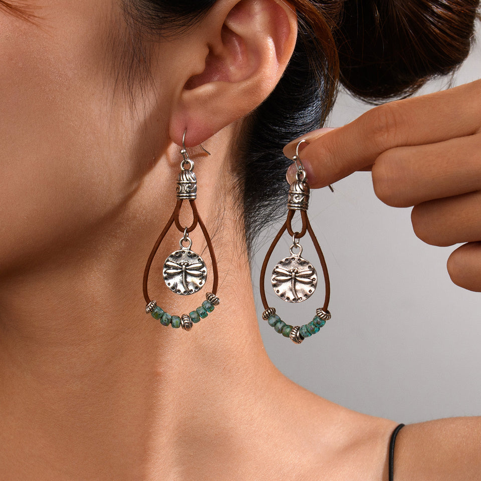 Vintage Ethnic Style Antique Silver Flower Turquoise Leather Rope Pendant Women's Earrings