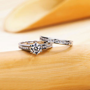 White Gold Plated Six-claw Couple Engagement Combined Ring Set