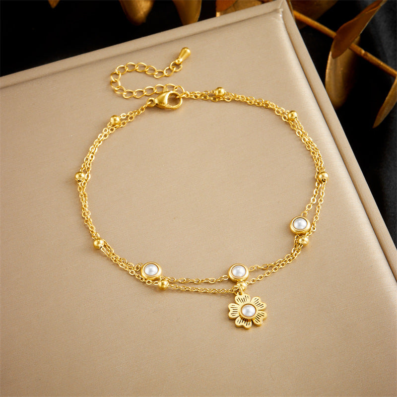 Vintage Inlaid Pearl Flower Pendant Double Layer Chain Anklet