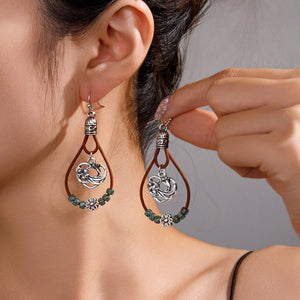Vintage Ethnic Style Antique Silver Flower Turquoise Leather Rope Pendant Women's Earrings
