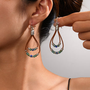 Vintage Ethnic Style Antique Silver Flower Turquoise Leather Rope Pendant Women's Earrings