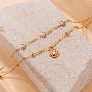 Vintage Inlaid Pearl Flower Pendant Double Layer Chain Anklet