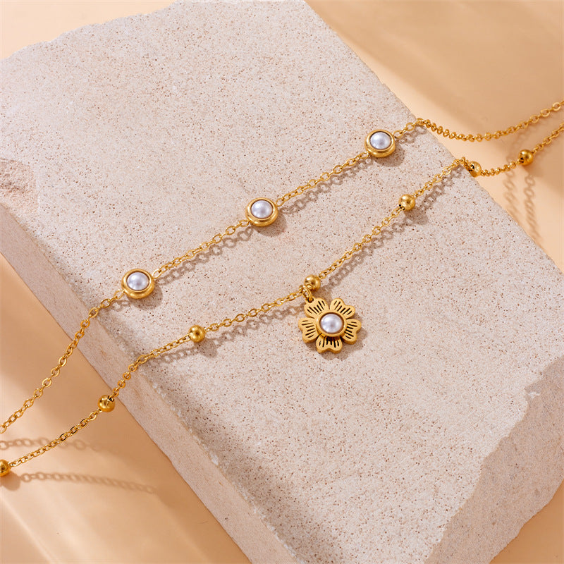 Vintage Inlaid Pearl Flower Pendant Double Layer Chain Anklet