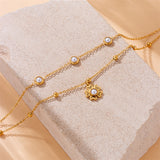 Vintage Inlaid Pearl Flower Pendant Double Layer Chain Anklet