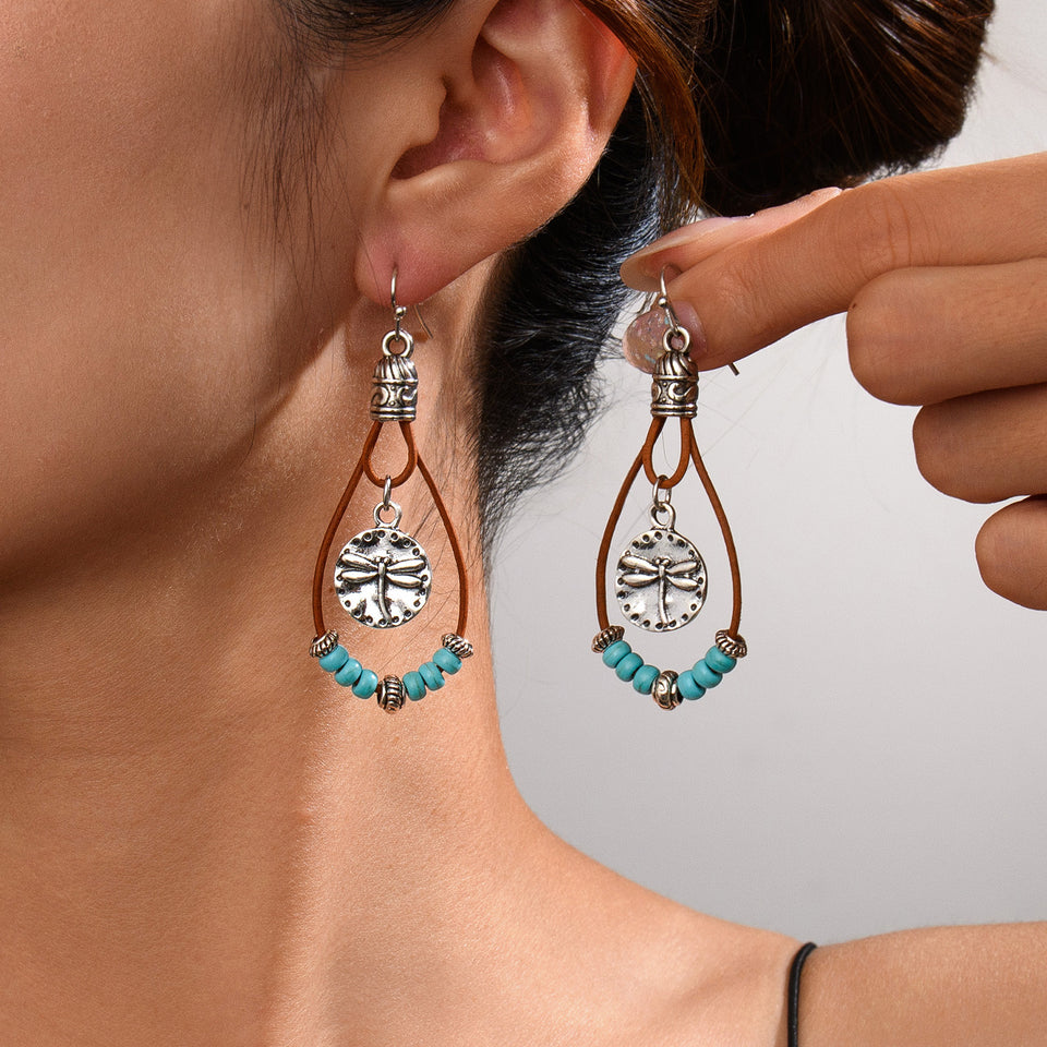 Vintage Ethnic Style Antique Silver Flower Turquoise Leather Rope Pendant Women's Earrings