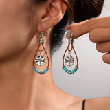 Vintage Ethnic Style Antique Silver Flower Turquoise Leather Rope Pendant Women's Earrings