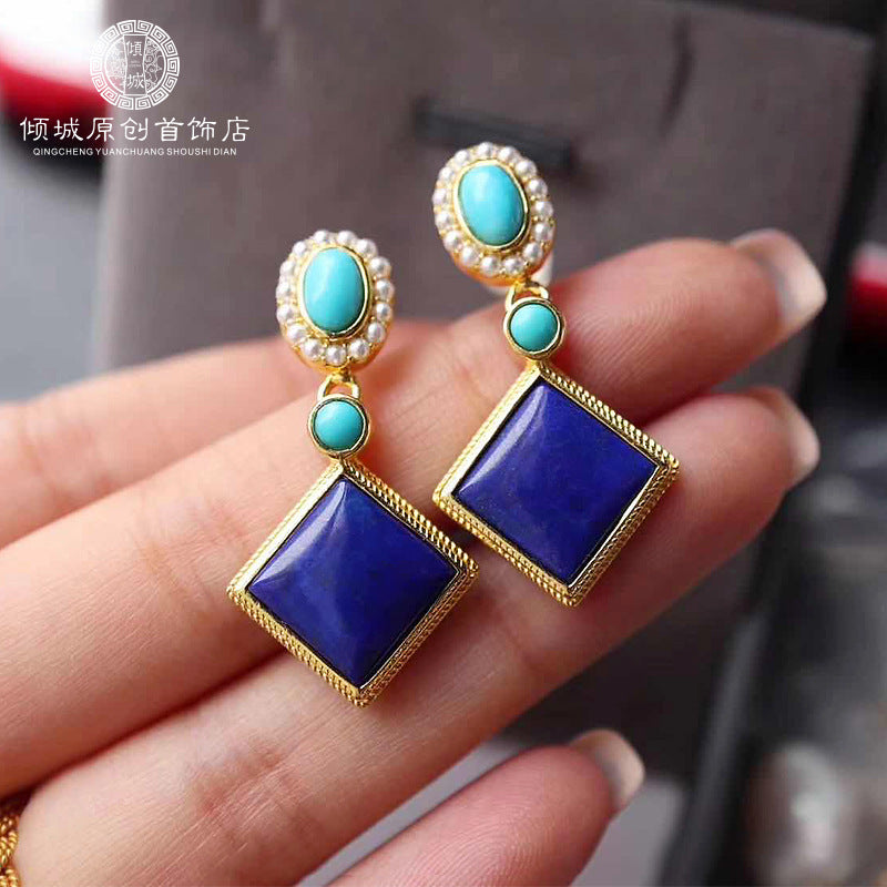 Inlaid Natural Hetian White Jade Stud Earrings Female Court